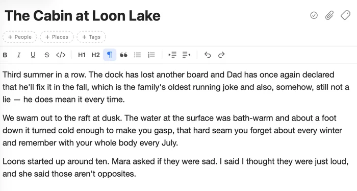 The same entry in Diaryx: the title set as a heading, the frontmatter replaced by People, Places, and Tags fields, and the body laid out for reading.