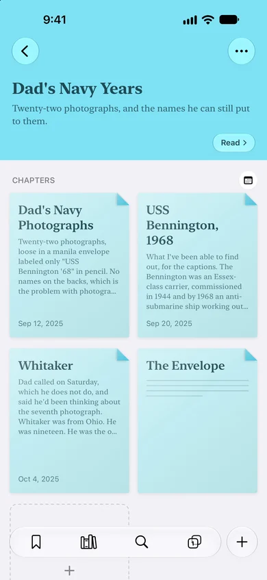 Inside the book Dad's Navy Years on iPhone, its chapters laid out as pages