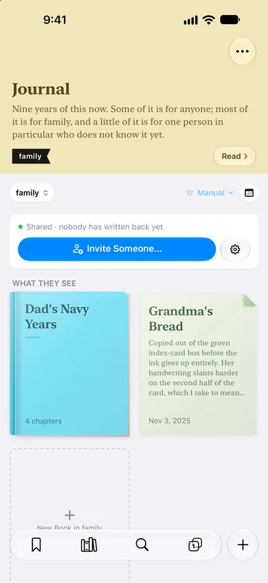 The journal as the Family circle sees it on iPhone, with an Invite Someone button and the books they can read