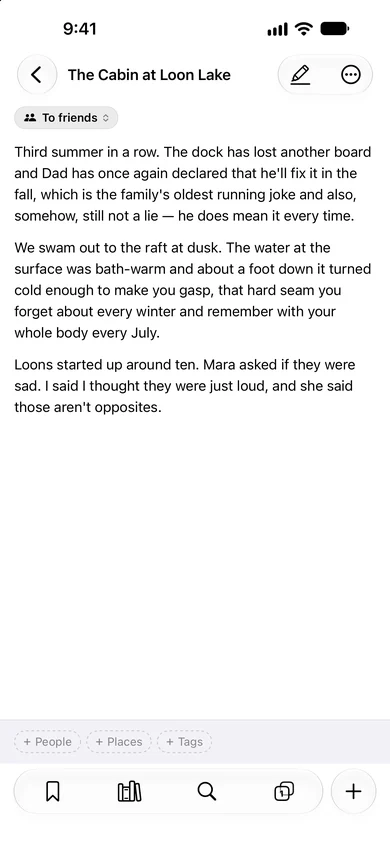 The Cabin at Loon Lake open in Diaryx on iPhone, marked To friends