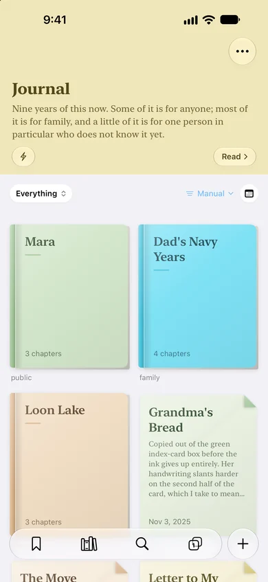 The Journal shelf on iPhone: books named Mara, Dad's Navy Years and Loon Lake, each marked with who it is for